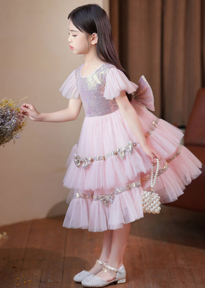 Robe longue élégante en tulle à paillettes roses et nœud en patchwork avec ourlet extra large pour bébé fille, été