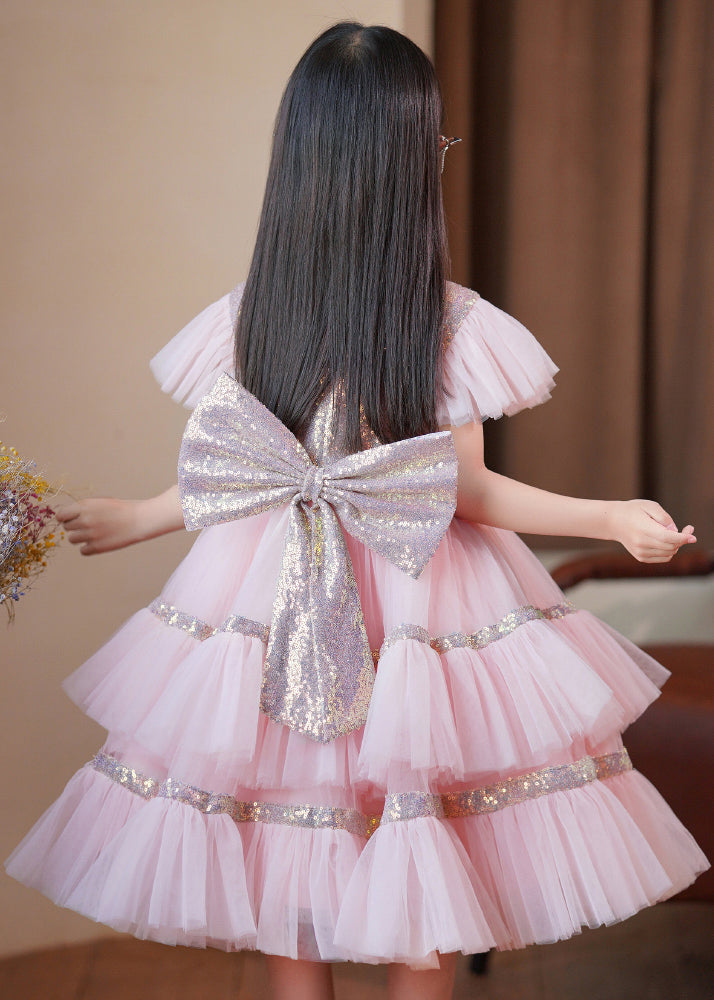 Stylish Pink Sequins Patchwork Bow Exra Large Hem Tulle Baby Girls Maxi Dresses Summer