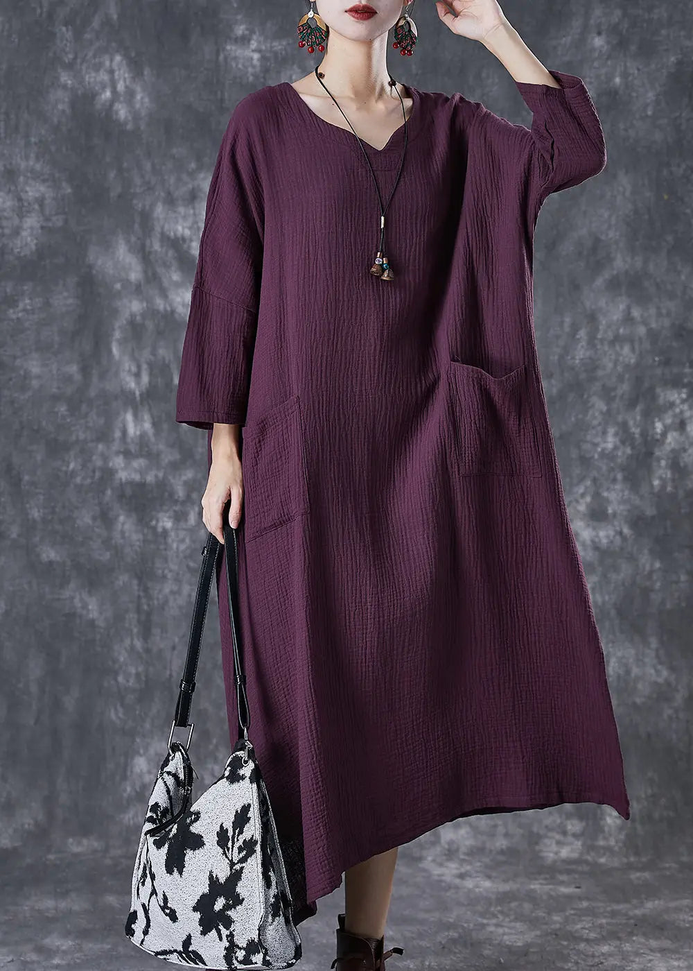 Stylish Purple Oversized Wrinkled Cotton Long Dresses Fall Ada Fashion