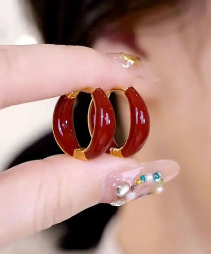 Stylish Red Inlaid Gem Stone Hoop Earrings Ada Fashion