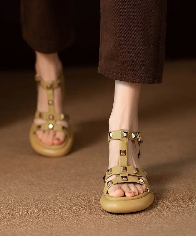 Stylish Rivet Splicing Chunky Sandals Yellow Faux Leather Ada Fashion