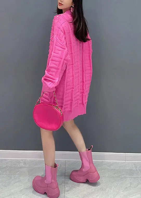 Stylish Rose O Neck Zircon Patchwork Knit Sweaters Dress Fall Ada Fashion