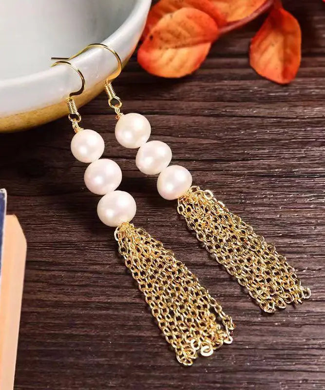 Stylish White Sterling Silver Overgild Pearl Tassel Drop Earrings Ada Fashion