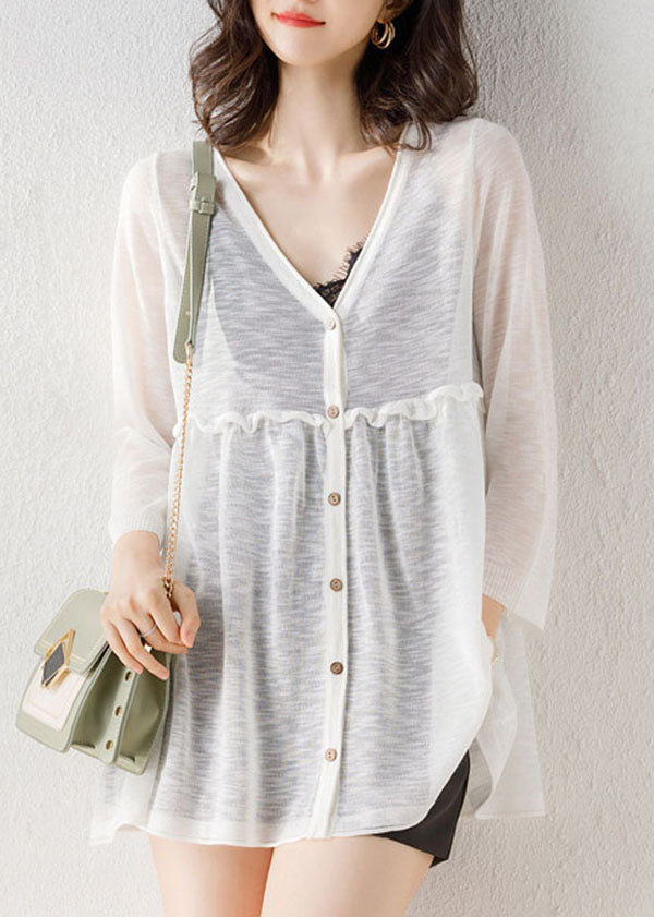 Stylish White V Neck Button Patchwork Knit Cardigan Bracelet Sleeve Ada Fashion