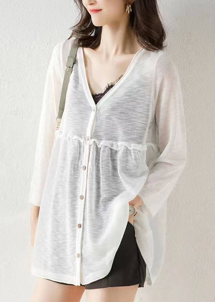 Stylish White V Neck Button Patchwork Knit Cardigan Bracelet Sleeve Ada Fashion