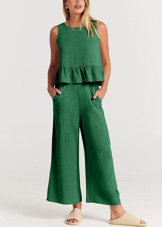 Summer Womens Green Sleeveless Pleated Tank Top Wide Leg Crop Pan LY3915
