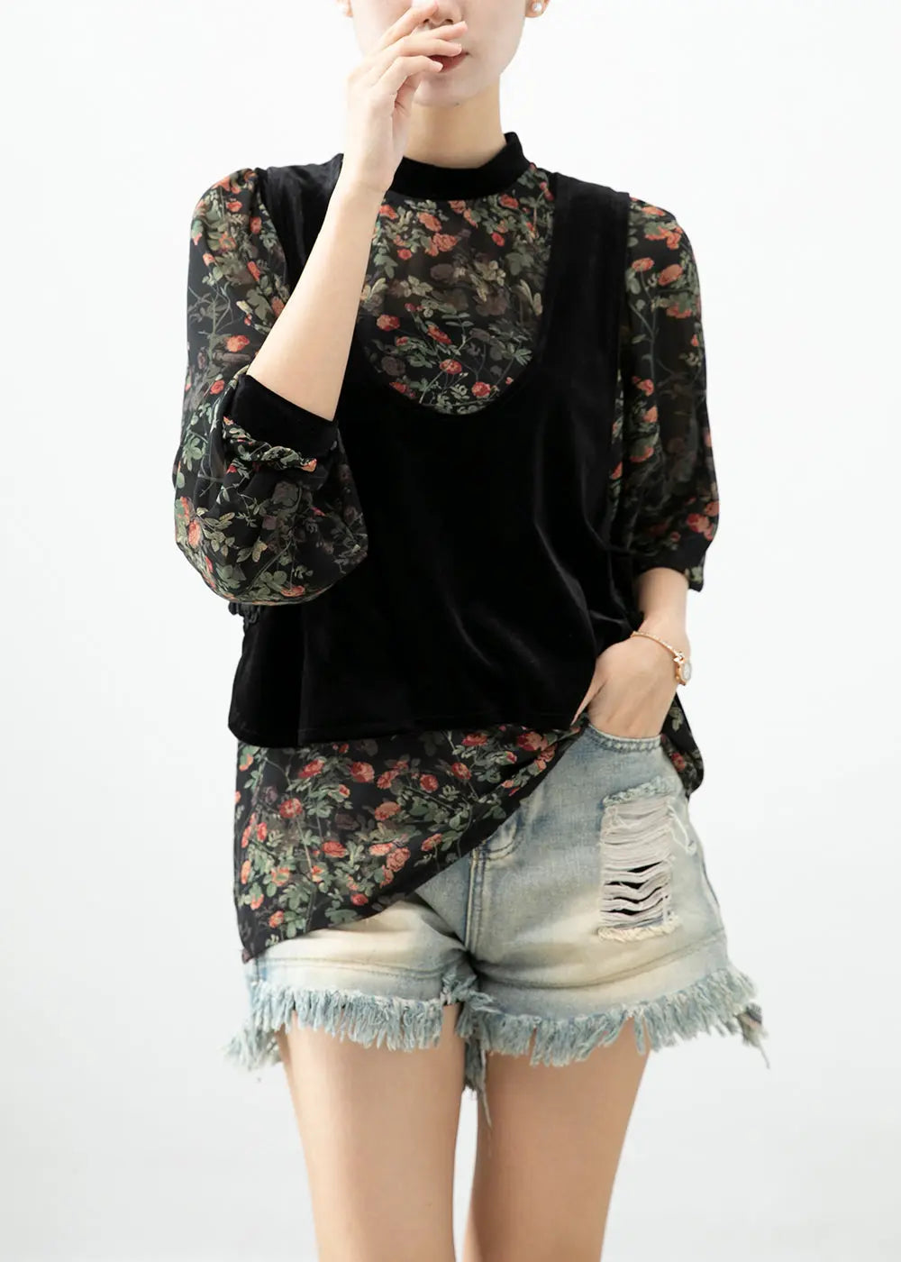 Unique Black Chinese Button Silk Velour Vests And Chiffon Shirts Two-Piece Set Fall Ada Fashion