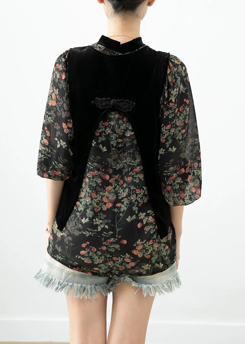 Unique Black Chinese Button Silk Velour Vests And Chiffon Shirts Two-Piece Set Fall Ada Fashion