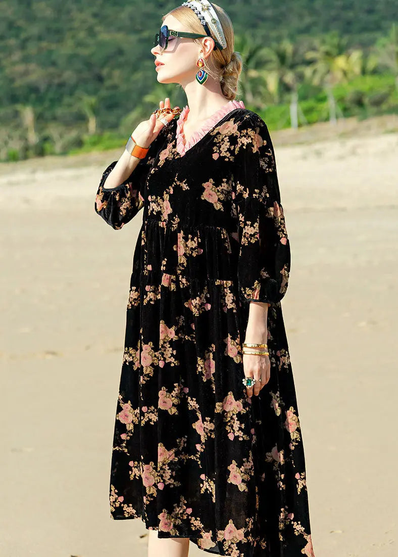 Unique Black O-Neck Print Patchwork Silk Velour Maxi Dress Long Sleeve Ada Fashion