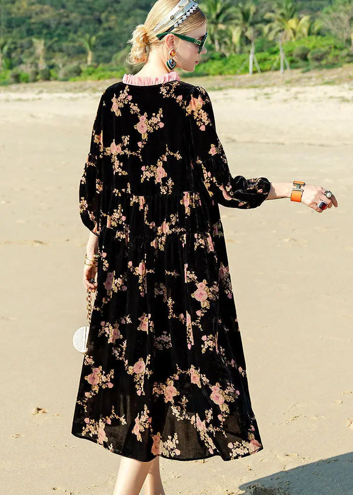 Unique Black O-Neck Print Patchwork Silk Velour Maxi Dress Long Sleeve Ada Fashion