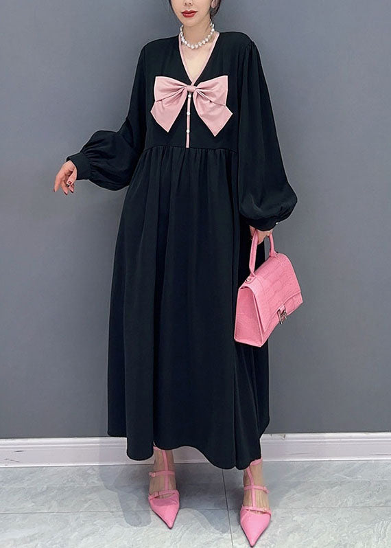 Unique Black V Neck Bow Patchwork Cotton Princess Dress Spring