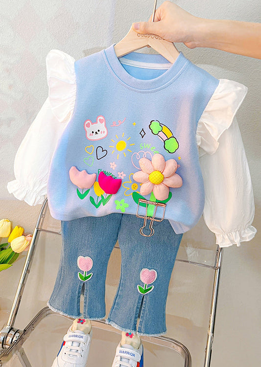 Unique Blue Floral Ruffled Patchwork Cotton Girls Two Pieces Set Fall Ada Fashion