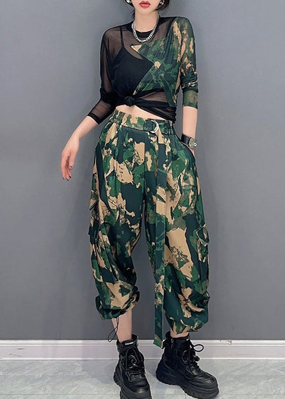 Ensemble haut et pantalon patchwork en tulle à imprimé camouflage unique en deux pièces pour le printemps