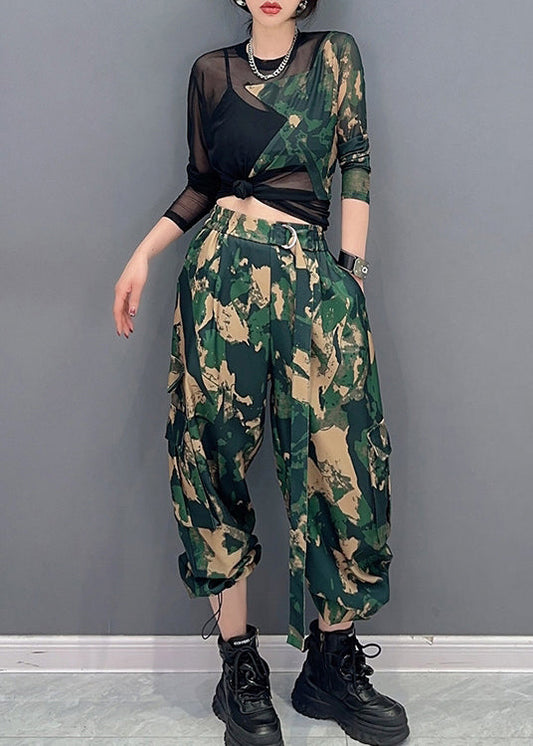 Einzigartige Camouflage Print Tüll Patchwork Top Und Hose Zwei Stücke Set Frühling