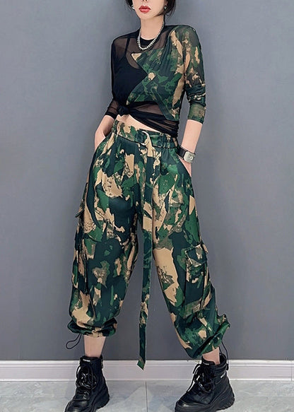 Ensemble haut et pantalon patchwork en tulle à imprimé camouflage unique en deux pièces pour le printemps