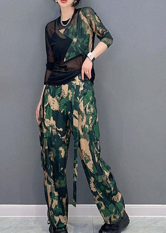 Einzigartige Camouflage Print Tüll Patchwork Top Und Hose Zwei Stücke Set Frühling