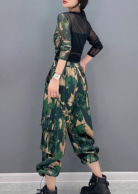 Einzigartige Camouflage Print Tüll Patchwork Top Und Hose Zwei Stücke Set Frühling