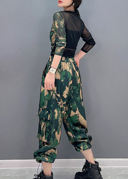 Ensemble haut et pantalon patchwork en tulle à imprimé camouflage unique en deux pièces pour le printemps