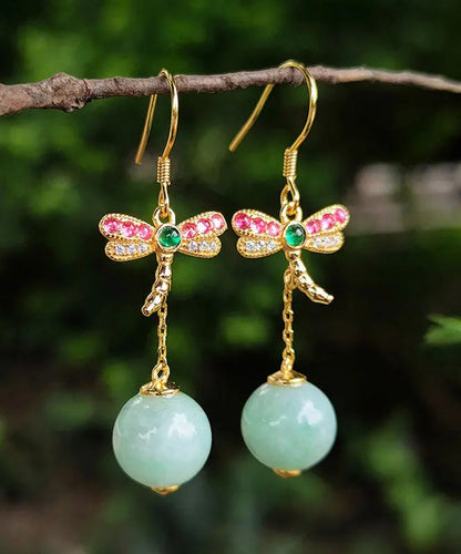 Unique Cyan Sterling Silver Overgild Jade Dragonfly Tassel Drop Earrings Ada Fashion