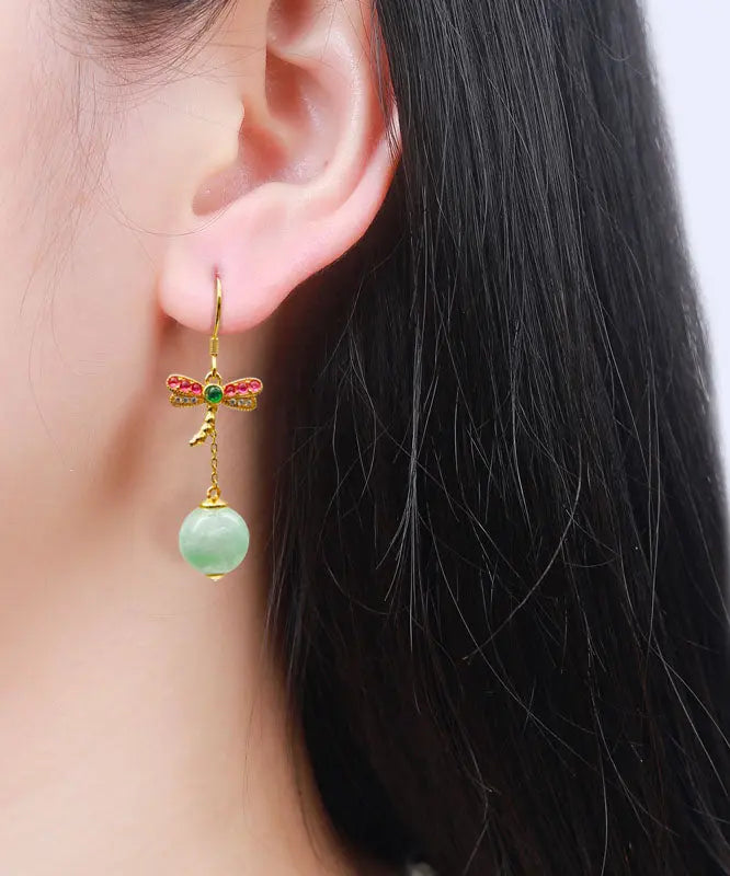 Unique Cyan Sterling Silver Overgild Jade Dragonfly Tassel Drop Earrings Ada Fashion