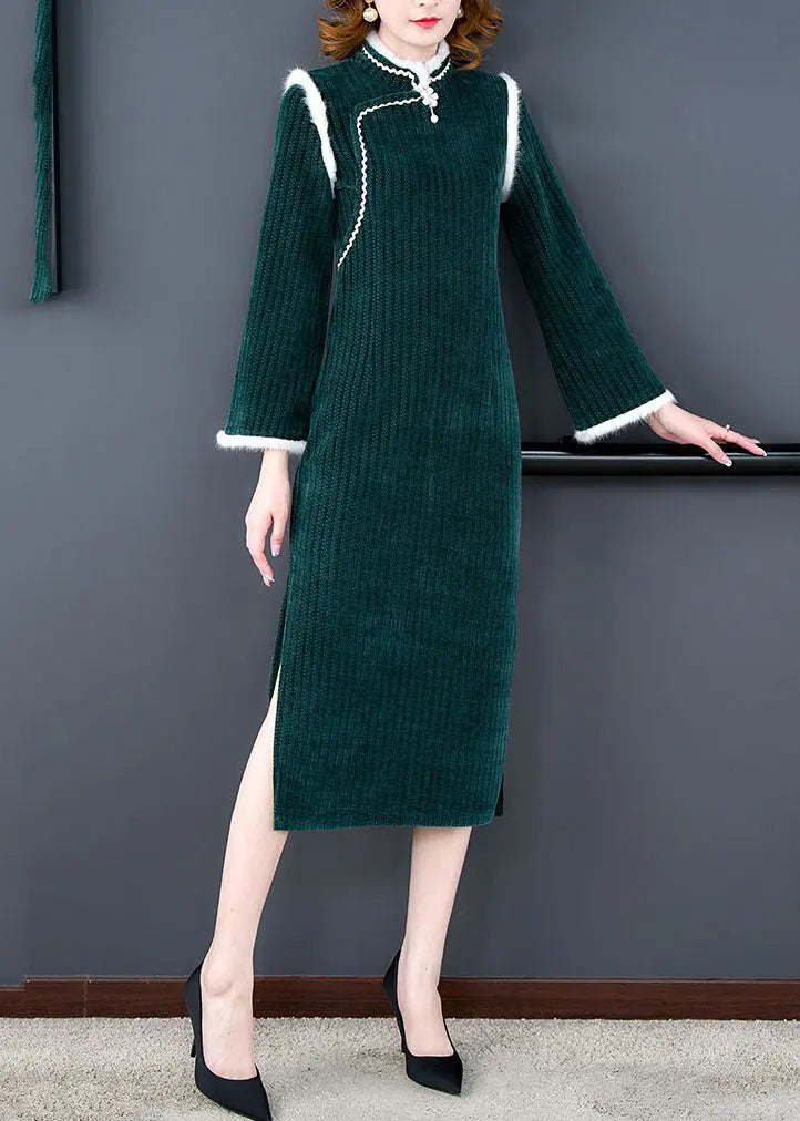 Unique Green Patchwork Side Open Thick Velour Maxi Dress Long Sleeve Ada Fashion