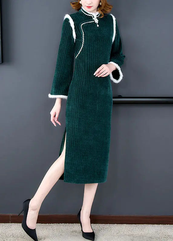 Unique Green Patchwork Side Open Thick Velour Maxi Dress Long Sleeve Ada Fashion