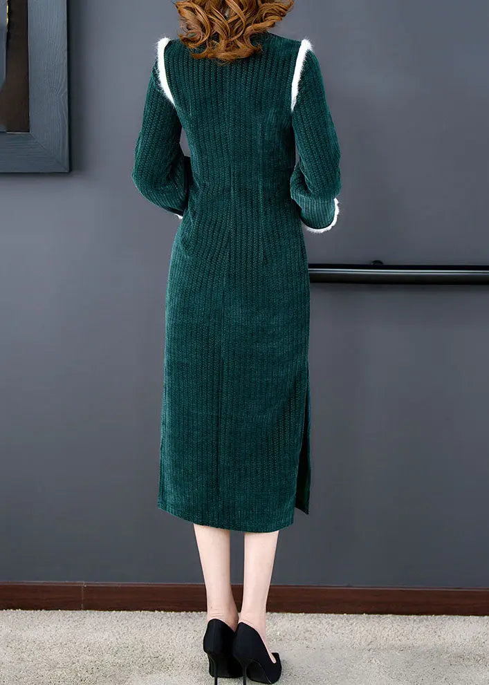 Unique Green Patchwork Side Open Thick Velour Maxi Dress Long Sleeve Ada Fashion