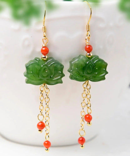 Unique Green Sterling Silver Overgild Inlaid Gem Stone Jade Drop Earrings Ada Fashion