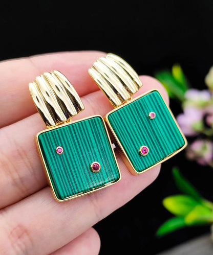 Unique Green Sterling Silver Overgild Inlaid Square Malachite Hoop Earrings Ada Fashion