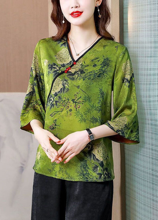 Unique Green V Neck Print Patchwork Silk Tops Bracelet Sleeve LY4660