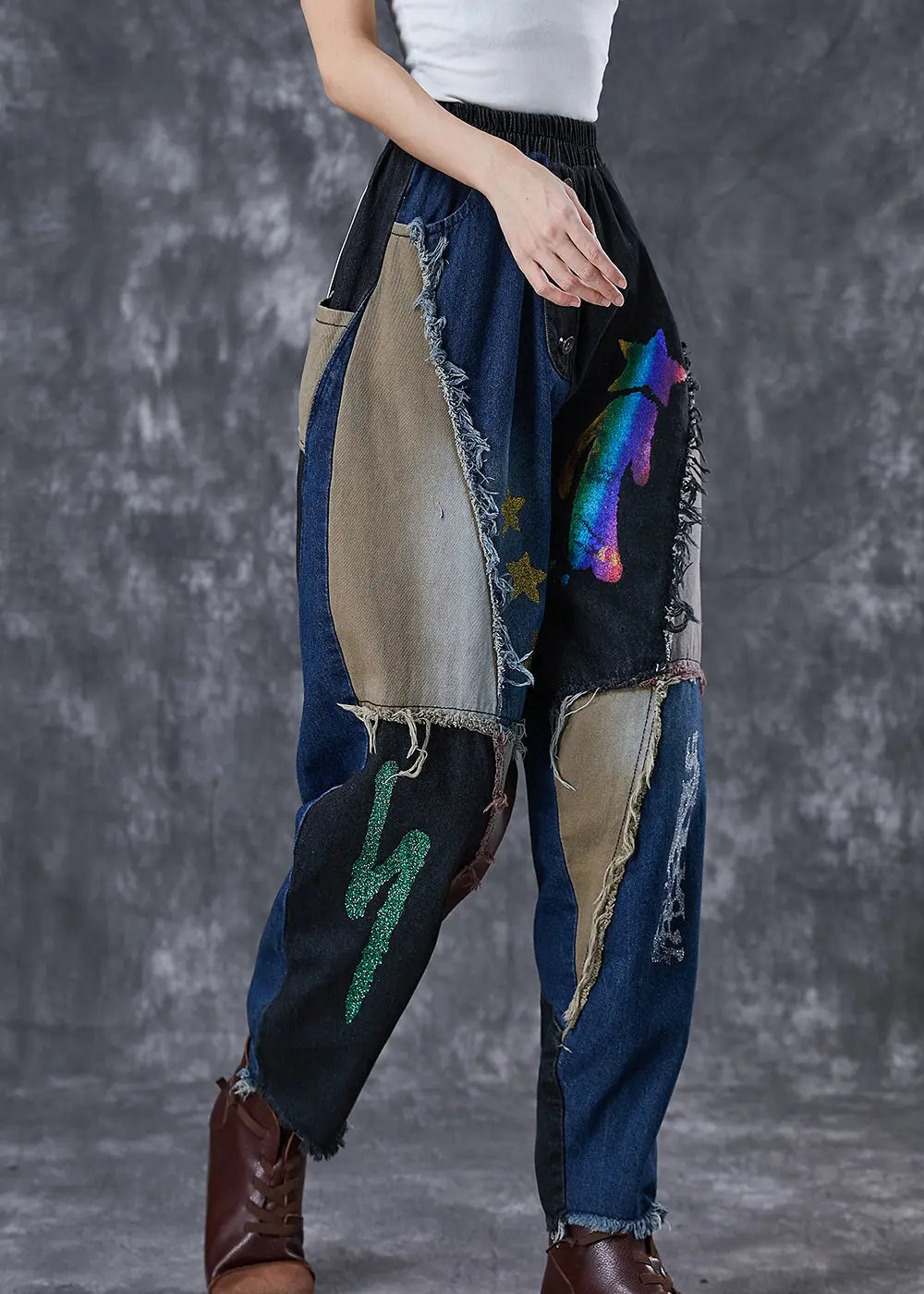 Unique Navy Asymmetrical Patchwork Cotton Harem Pants Fall Ada Fashion