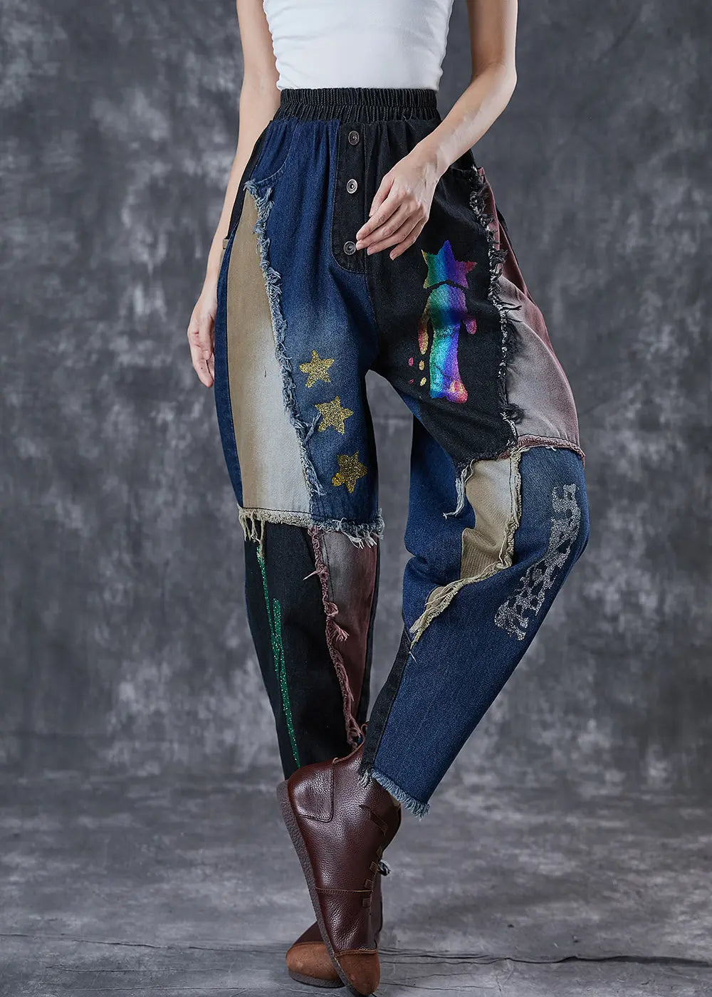 Unique Navy Asymmetrical Patchwork Cotton Harem Pants Fall Ada Fashion