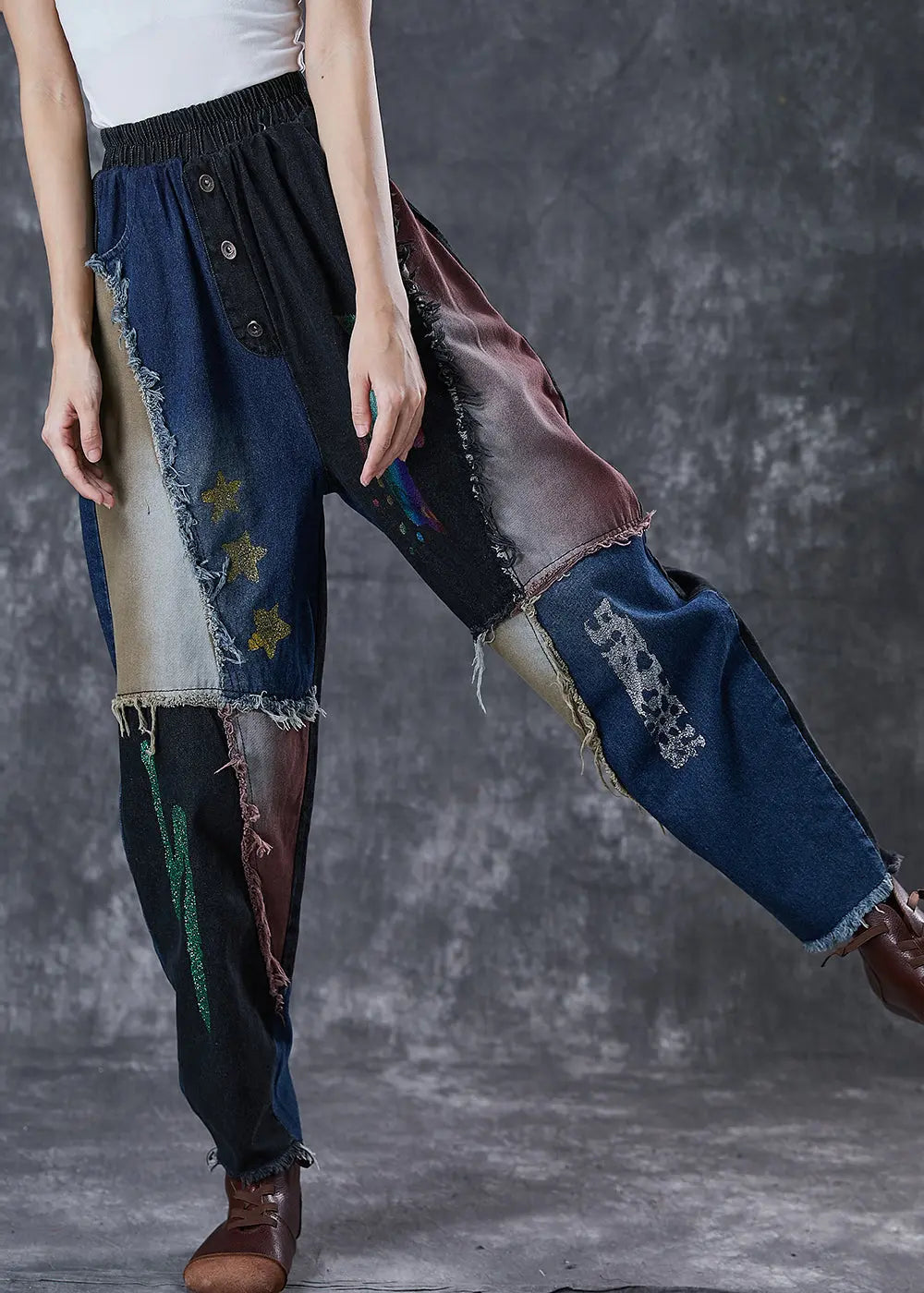 Unique Navy Asymmetrical Patchwork Cotton Harem Pants Fall Ada Fashion