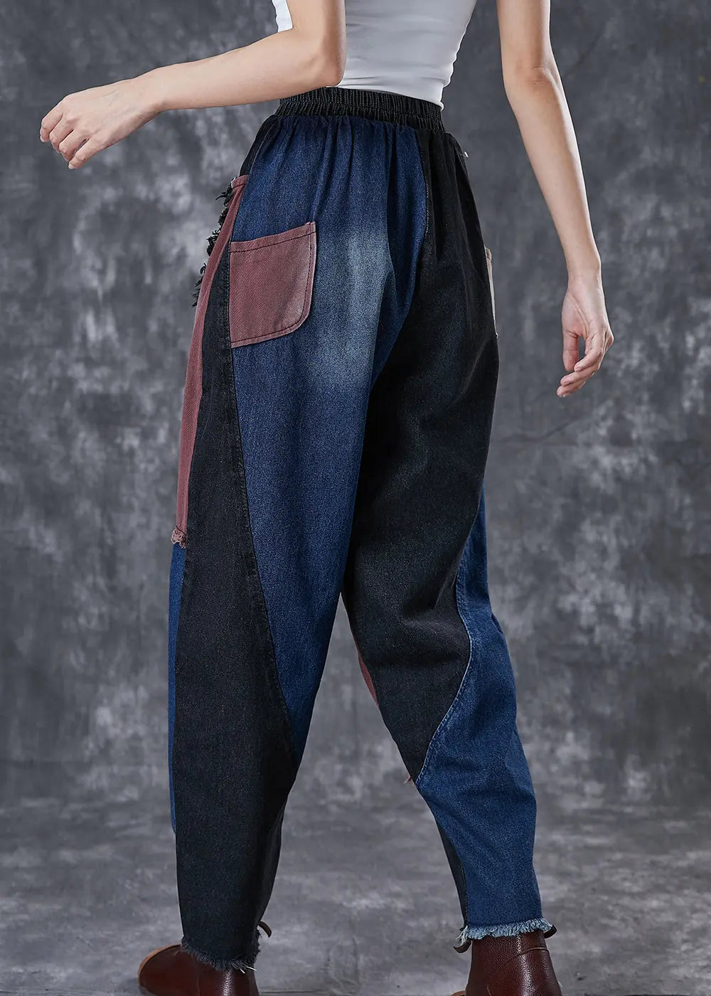 Unique Navy Asymmetrical Patchwork Cotton Harem Pants Fall Ada Fashion