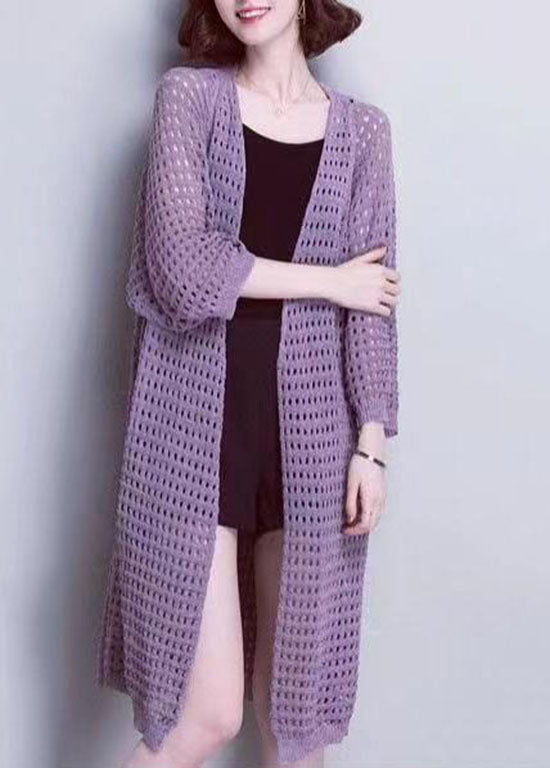 Unique Purple V Neck Hollow Out Patchwork Knit Cardigans Summer Ada Fashion