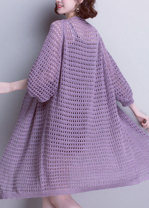 Unique Purple V Neck Hollow Out Patchwork Knit Cardigans Summer Ada Fashion