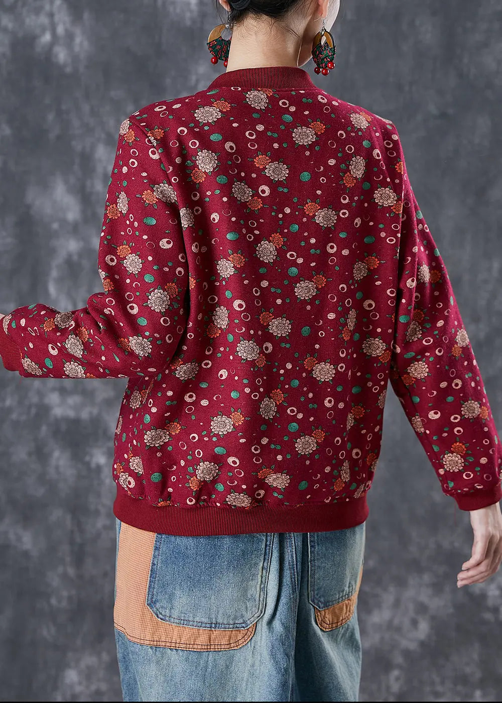 Unique Red Oversized Print Warm Fleece Jackets Winter Ada Fashion