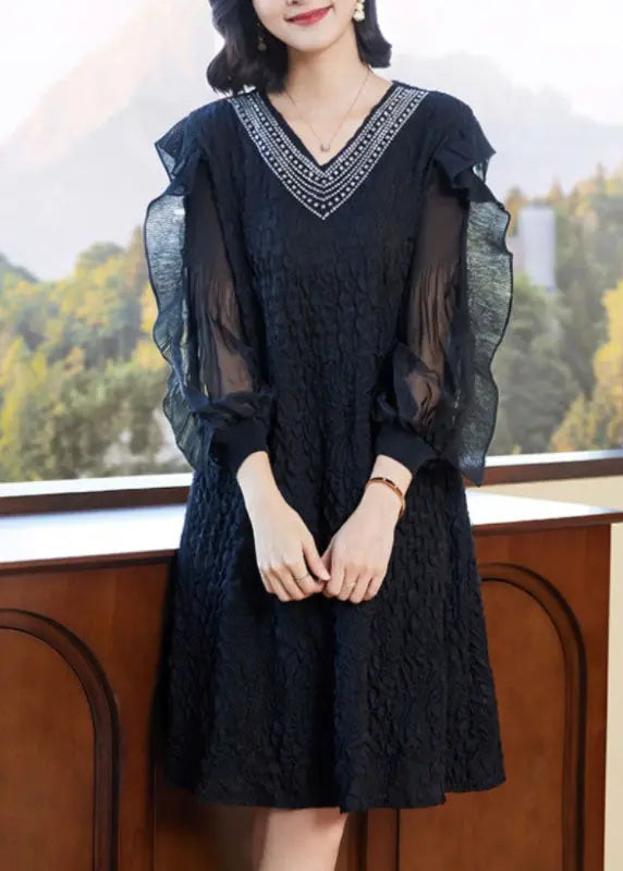 Unique Red V Neck Embroidered Ruffled Tulle Patchwork Zircon Mid Dresses Long Sleeve Ada Fashion