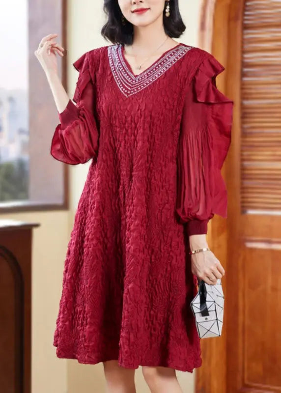 Unique Red V Neck Embroidered Ruffled Tulle Patchwork Zircon Mid Dresses Long Sleeve Ada Fashion