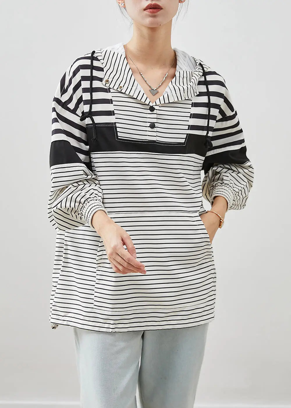 Unique White Oversized Striped Cotton Pullover Sweatshirt Fall Ada Fashion