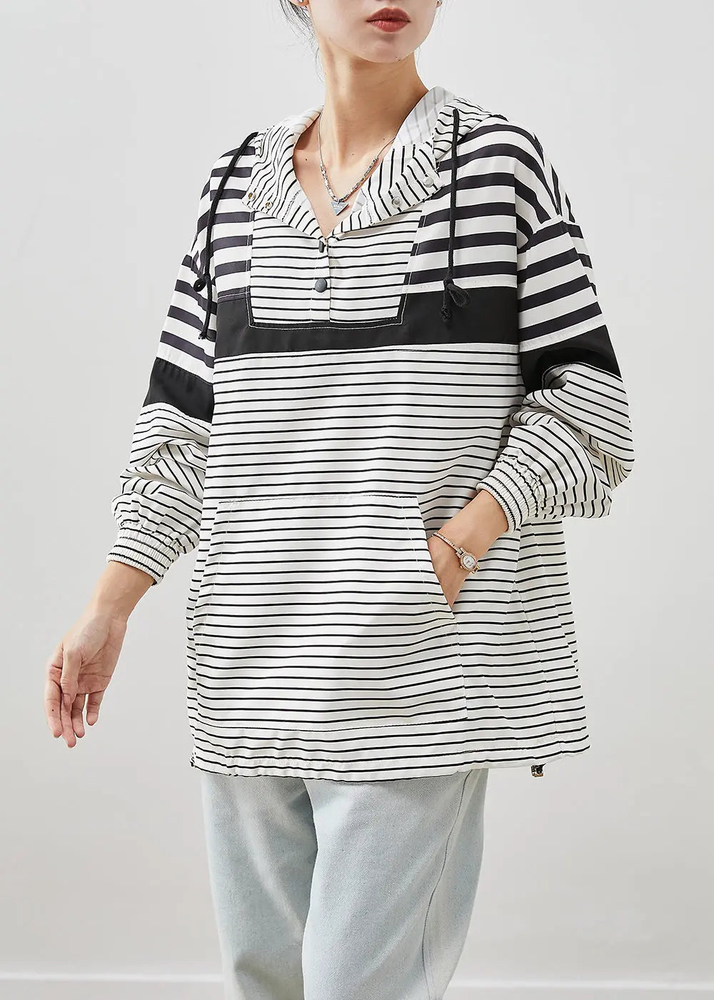 Unique White Oversized Striped Cotton Pullover Sweatshirt Fall Ada Fashion