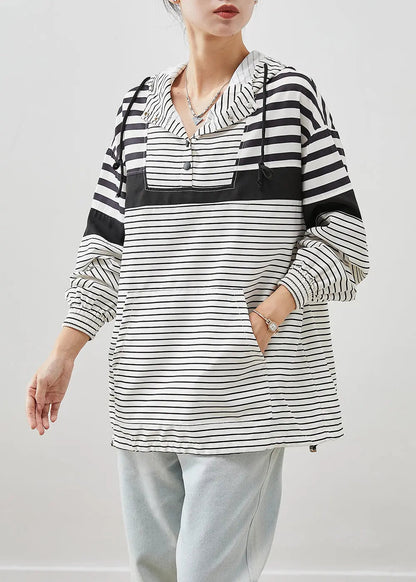 Unique White Oversized Striped Cotton Pullover Sweatshirt Fall Ada Fashion