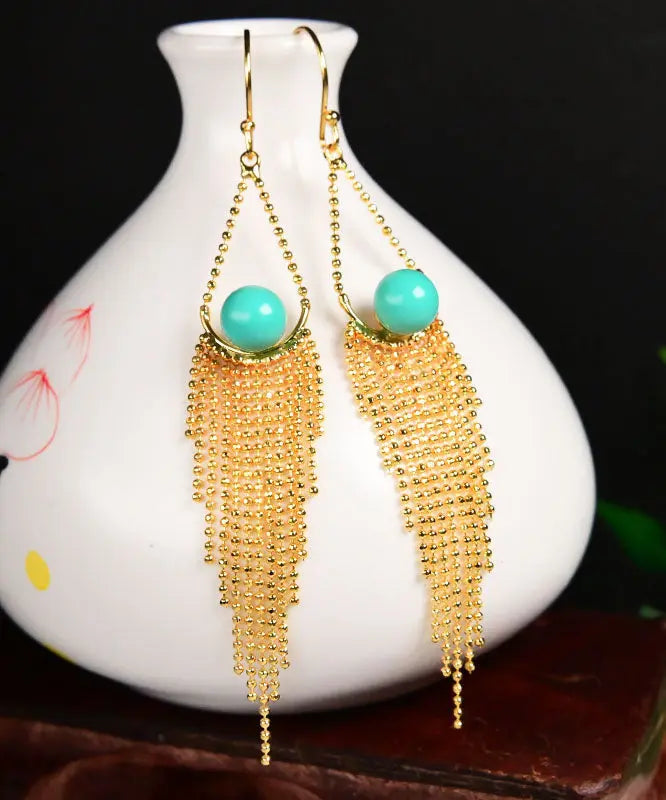 Unique Yellow Sterling Silver Overgild Turquoise Tassel Drop Earrings Ada Fashion