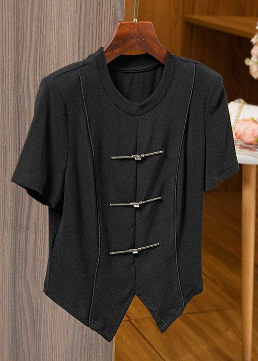 Vintage Black Asymmetrical Chinese Button Patchwork Cotton T Shirts Tops Summer Ada Fashion