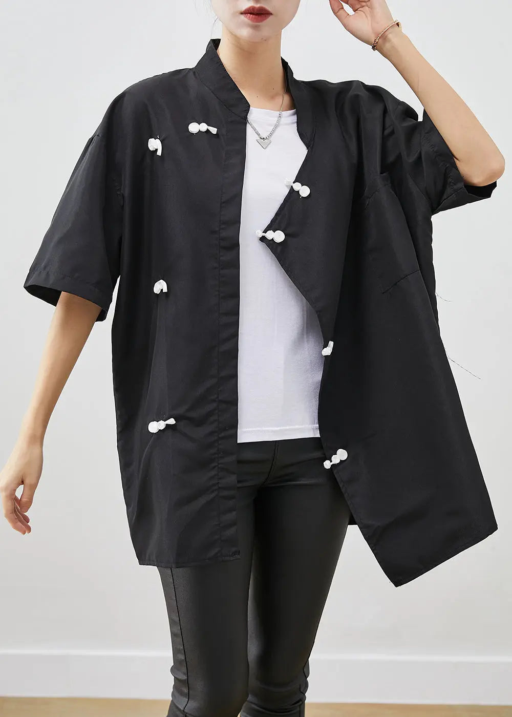 Vintage Black Oversized Chinese Style Cotton Shirt Short Sleeve Ada Fashion