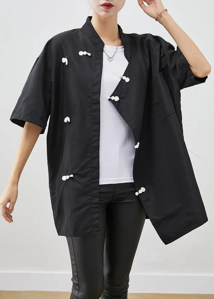 Vintage Black Oversized Chinese Style Cotton Shirt Short Sleeve Ada Fashion