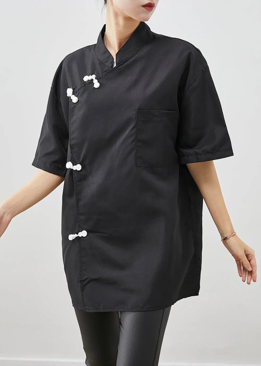 Vintage Black Oversized Chinese Style Cotton Shirt Short Sleeve Ada Fashion