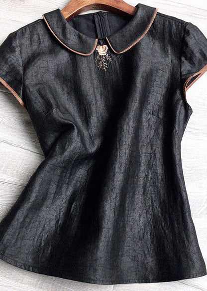 Vintage Black Peter Pan Collar Embroideried Silk Tops Summer AH526