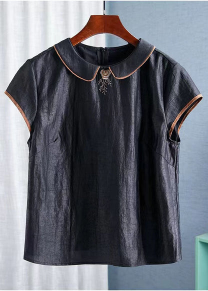 Vintage Black Peter Pan Collar Embroideried Silk Tops Summer AH526