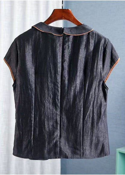 Vintage Black Peter Pan Collar Embroideried Silk Tops Summer AH526